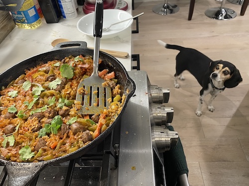 Lamb sausage paella, house recipe