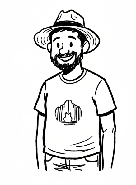 AI generated sketch of the guy in the style of Calvin and Hobbes.